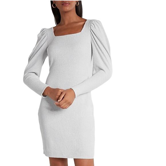 Express Puff Sleeve Ribbed Long Sleeve Mini Gray Dress M NWT - Picture 1 of 10
